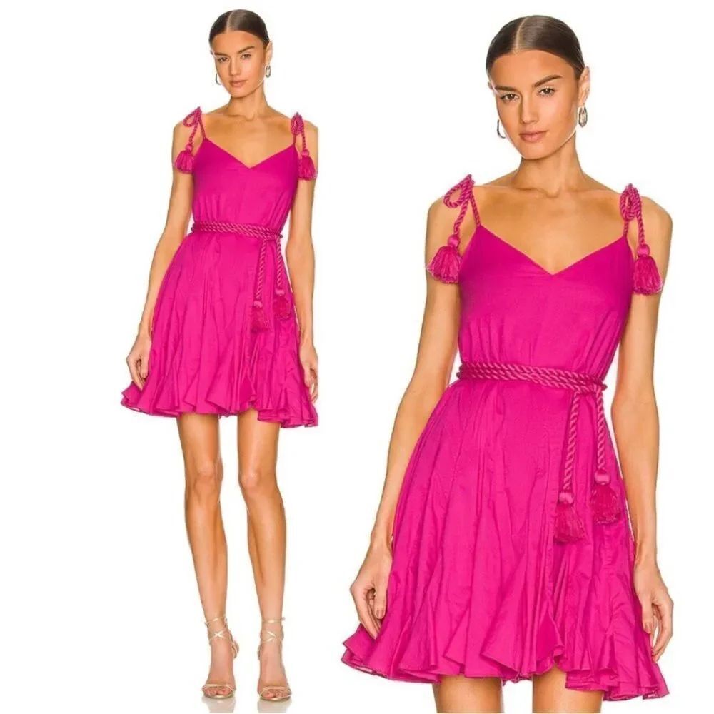 Rhode Casey Flared Mini Dress Cord Tassel Shoulder Strap Waist Belt Hot Pink